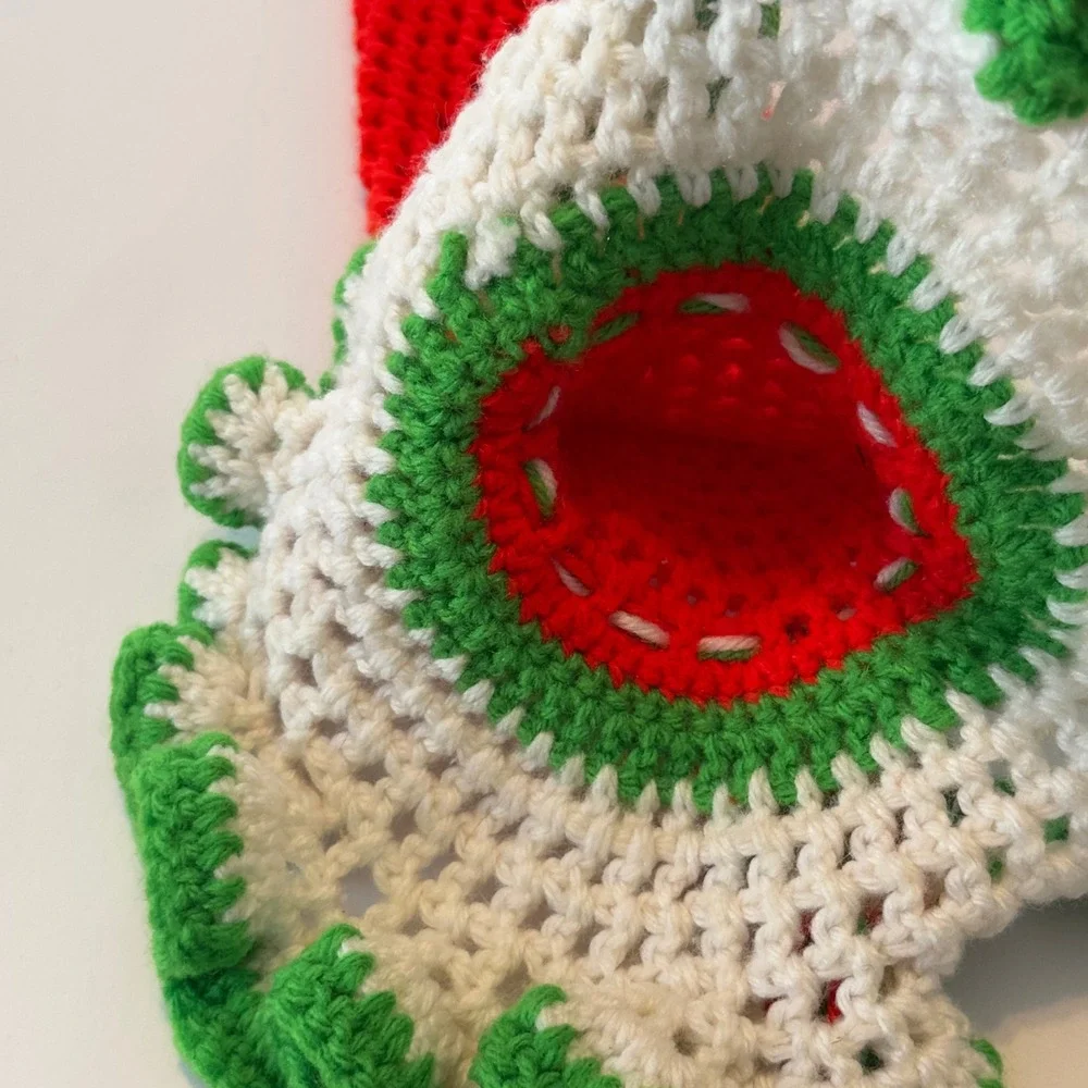 Large Handmade Crochet Christmas Candle Cover Red Green White Ruffled 29.5x12